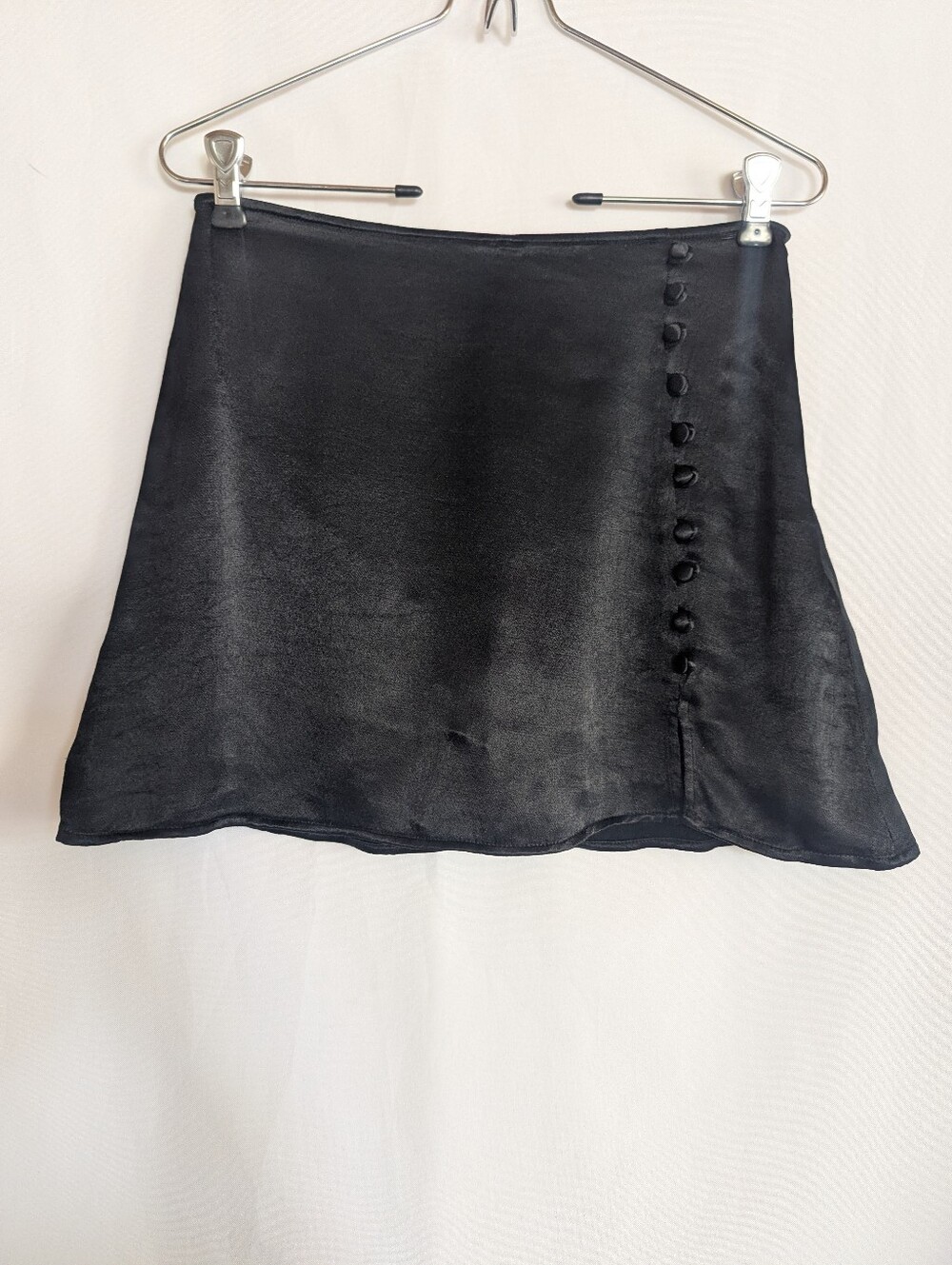 Zara Small Classic Black Satin Mini Skirt Side Button Detail